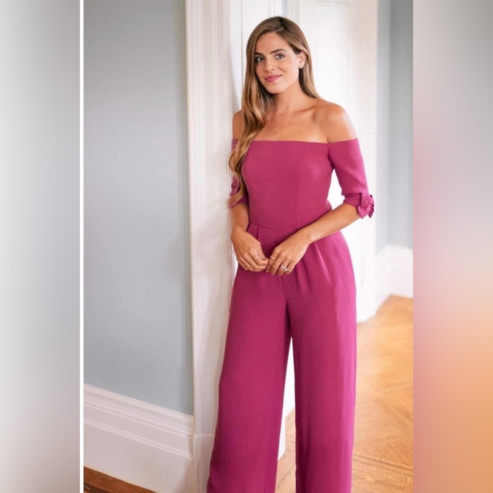 Gal Meets Glam Meredith Crepe Off the Shoulder‎ Wide Leg Jumpsuit Magenta Size 4